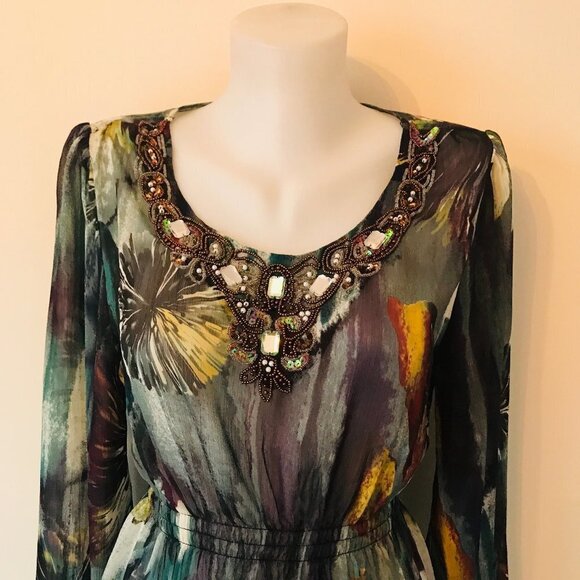 Mushka by Sienna Boho Tunic Rose Sheer Flowy Beaded Top Shirt Watercolor Print M - Picture 2 of 16